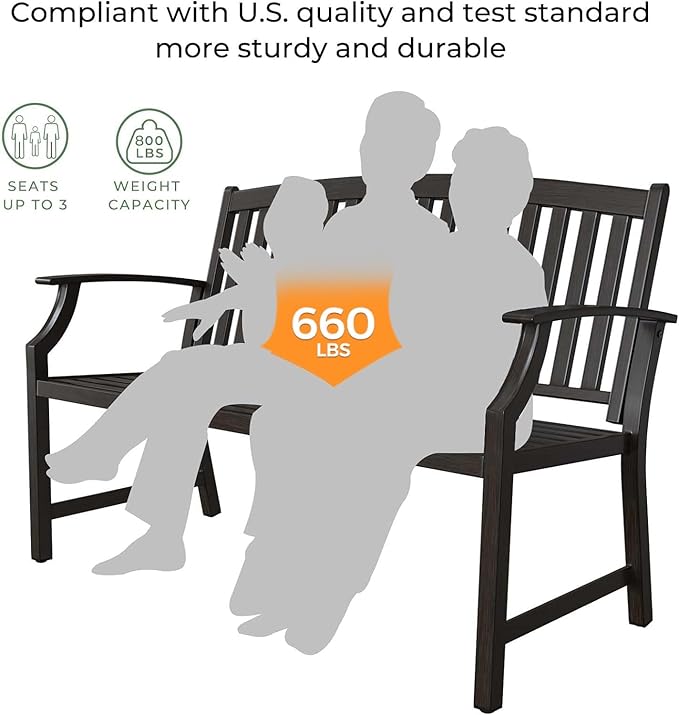 Grand patio 52" Farmhouse Outdoor Bench, Garden Benches with Rust Free Metal Powder Coated Frame and Aluminum Backrest, Faux Wood Grain Finish Frame Patio Bench for Front Porch, Northwoods Brown