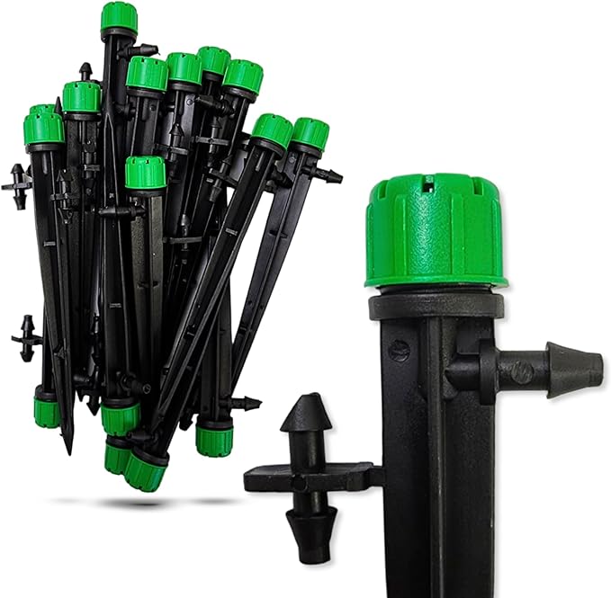 (100-PACK) - 1/4" Inch 360 Degree Drip Emitter On 6" Stake Sprayer Adjustable Flow 0-20 GPH, Fits 1/4 (4-6mm) Irrigation Tubing - Micro Bubbler Drippers for Drip Irrigation (25 Pack Dripper on Stake)