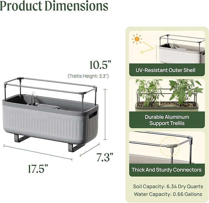 Vego Garden Herb Indoor Plant Box, Self Watering Planters Pots for Indoor Plants with Trellis for Kitchen Window Sill or Countertop Plants Cage - Fog Gray
