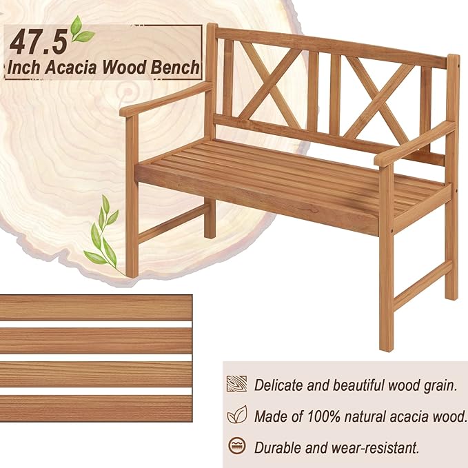 Giantex Patio Garden Bench Loveseat - 2-Person Acacia Wood Bench with Armrest, Backrest, Sturdy Frame, 800lbs Capacity, Outside Park Bench for Patio, Yard, Front Porch, Outdoor Garden Bench, Natural