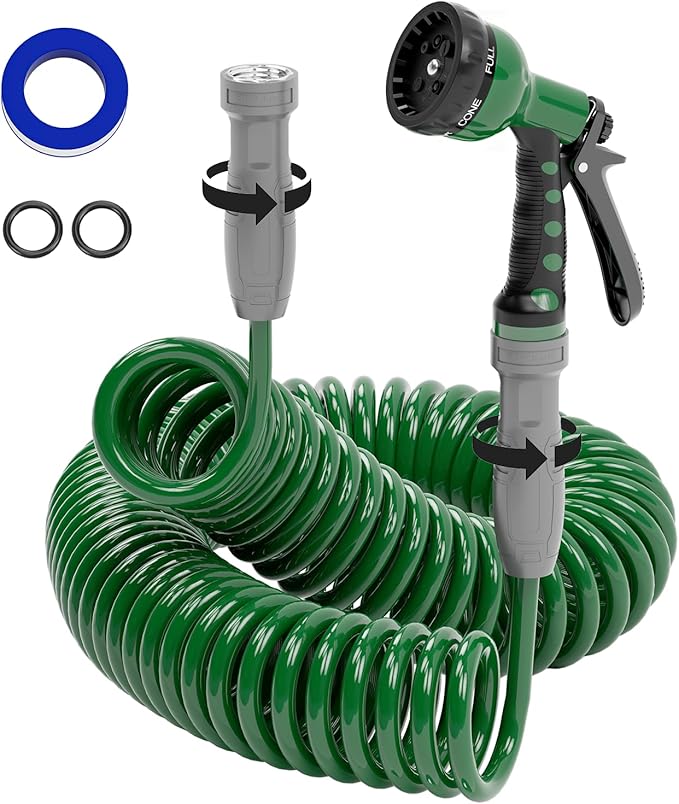 3/8" Lightweight Coil Garden Hose 50 FT, EVA Flexible Curly Water Pipes with 6-Pattern Spray Nozzle for Boat, Greenhouse, Yard, Patio, Green