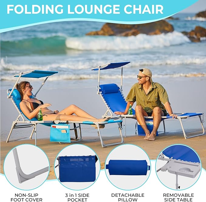 #WEJOY 4 in 1 Tanning Chair with Face Hole & Canopy & Side Table, 5 Positions Adjustable Folding Quick Dry Facedown Chaise Lounge with Pillow for Beach Poolside Outdoor Camping Patio (Darkblue)