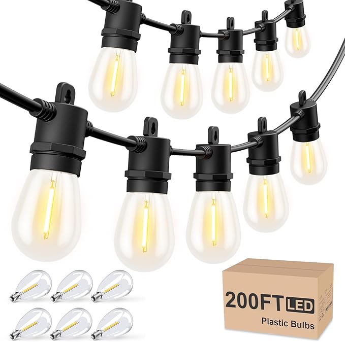 Svater Outdoor String Lights 200 FT, Patio Lights for Outside with Shatterproof LED Bulbs, Waterproof IP65 Commercial Hanging Light for Backyard Porch Balcony Bistro Party, 2700K