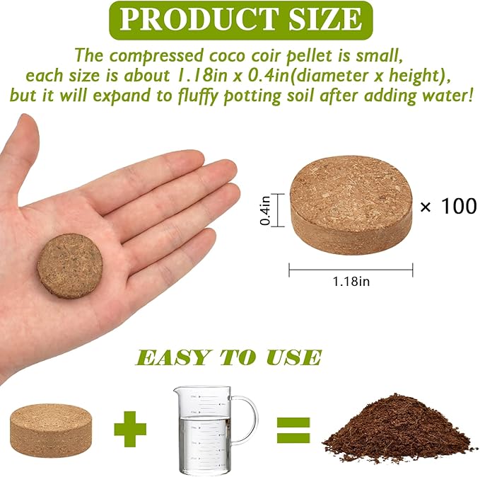 ZeeDix Organic Coco Coir Pellets Potting Soil, 100pcs 30mm Compressed Coconut Fiber Seed Starter Soil Pellets, Coco Peat Soil Discs for Indoor Ourdoor Plants, Herbs, Houseplants, Flowers, Vegetables