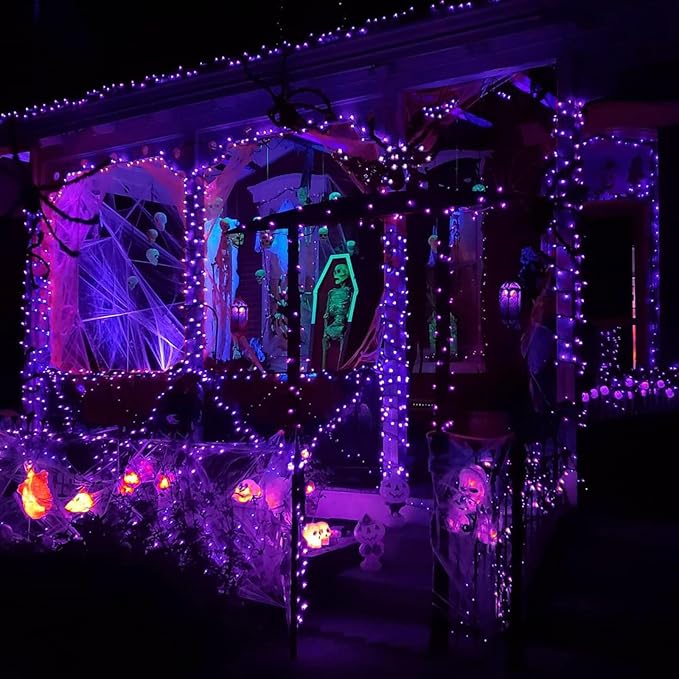 EEW 2 Pack 200 LED Solar Halloween Lights Outdoor Waterproof, Solar String Lights for Outside, Solar Powered Tree Light with 8 Lighting Modes for Xmas Party Garden Yard Halloween Decorations (Purple)
