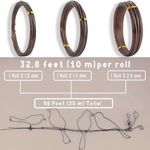 Sanlykate Bonsai Wire Tool Kit with Cutter, 3 Roll Tree Training Wires 98 Feet Total, 1.0mm, 1.5mm, 2.0mm Anodized Aluminum Wire Set, Hold Plant Branches Trunks - Brown