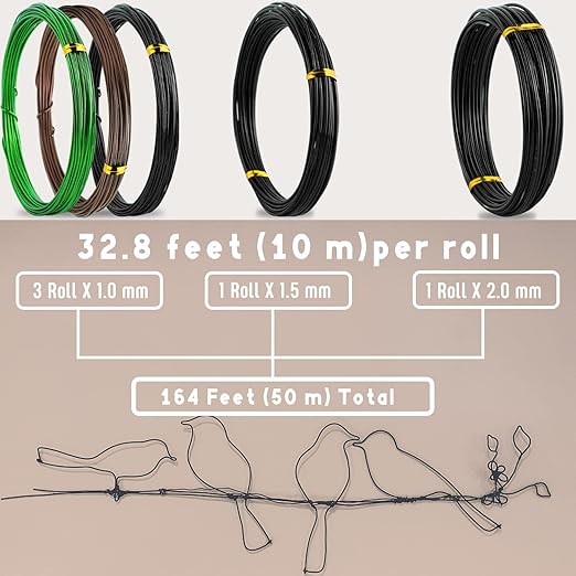 Sanlykate Bonsai Wire Tool Kit with Cutter, 5 Roll Tree Training Wires 164 Feet Total, 1.0mm, 1.5mm, 2.0mm Anodized Aluminum Wire Set, Hold Plant Branches Trunks (Black, Green, Brown)