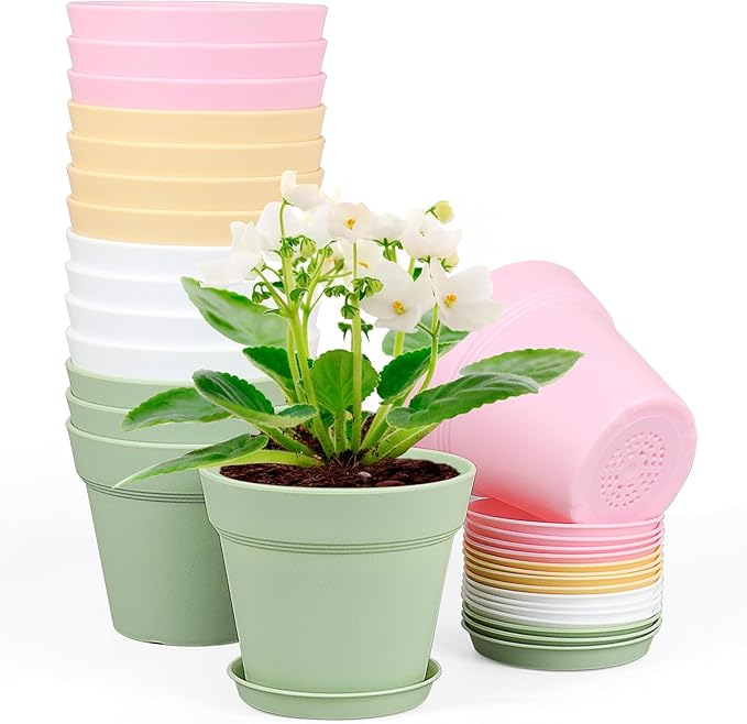 6 inch Plastic Nursery Pots, 16 Pack Plant Pots for Indoor Outdoor Plants, Flower Pots with Drainage Holes and Saucers, Decorative Seedling Starter Planters for House Plants, Colorful