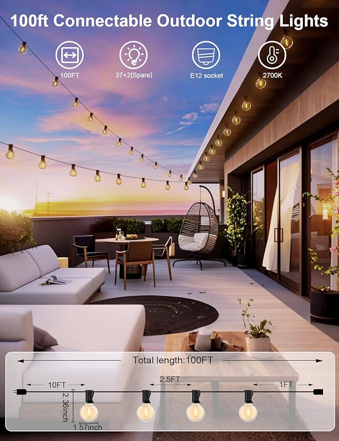 RTTY Outdoor String Lights 100 FT Globe LED Patio Lights with G40 Plastic Bulbs,Waterproof Shatterproof Dimmable Connectable Hanging for Backyard Porch Balcony Party Cafe Deck Decor