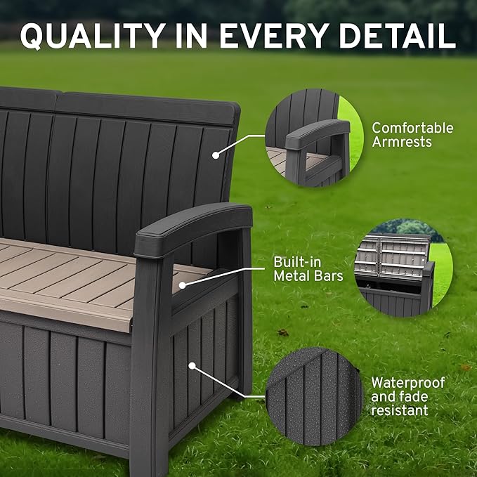 EconoHome 2 Seat Outdoor Storage Bench with Rain Cover - 60 Gallon Capacity - Weatherproof Resin Bench for Patio, Porch, Garden, Yard, Pool Area - Furniture for Pool Accessories, Gardening Tools