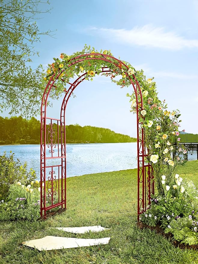 Evergreen Plow & Hearth Arch Metal Outdoor Garden Arbor | Montebello | 7 Feet Tall | Red | Iron Trellis Lattice for Climbing Plants | Wedding | Outdoor Patio Decor (Red)
