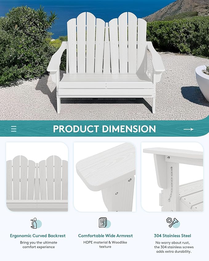 SERWALL 2 Person Adirondack Loveseat, HDPE All-Weather Folding Adirondack Bench Chair, Outdoor Adirondack Chair Set of 4, White