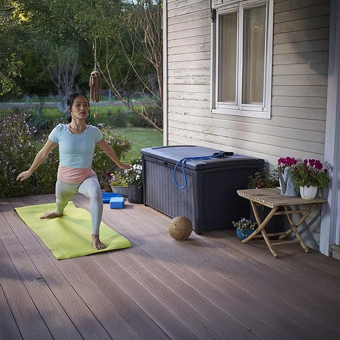 Keter Outdoor Storage Deck Box for Patio, Backyard & Garden, Borneo, 110 Gal, Grey - Lockable, Organizing, and Waterproof Plastic Container Bench