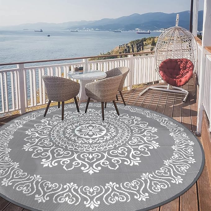 Pauwer Waterproof Outdoor Rug 8ft, Reversible Plastic Straw Patio Camping Rug, Indoor Outdoor RV Mat Carpet for Deck, Camper, Porch, Balcony, Backyard, Picnic, Floral Grey