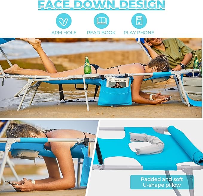 #WEJOY 4 in 1 Tanning Chair with Face Hole & Canopy & Side Table, 5 Positions Adjustable Folding Waterproof Facedown Chaise Lounge with Pillow Quick Dry for Beach Pool Outdoor Camping Patio (Blue)