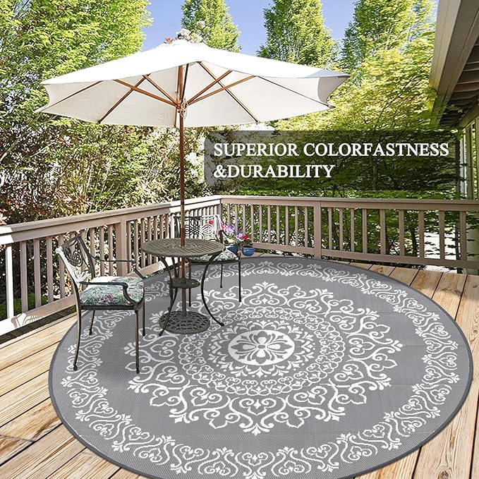 Pauwer Waterproof Outdoor Rug 8ft, Reversible Plastic Straw Patio Camping Rug, Indoor Outdoor RV Mat Carpet for Deck, Camper, Porch, Balcony, Backyard, Picnic, Floral Grey
