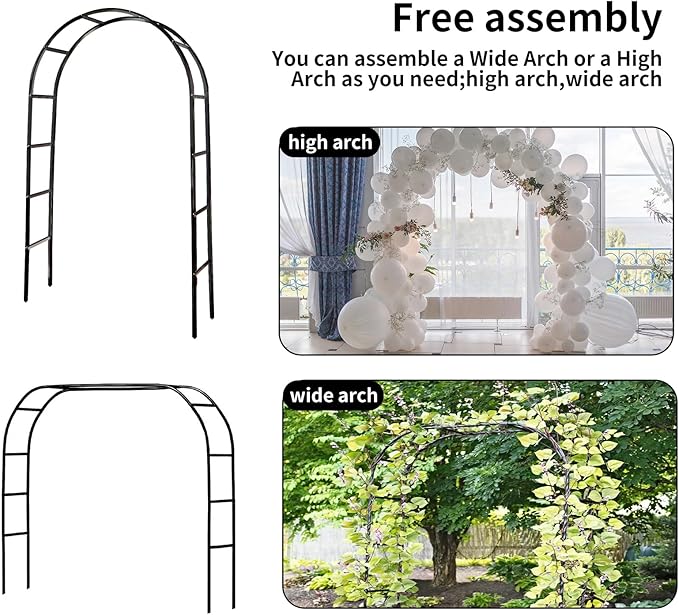RUBFAC Metal Garden Arch, Wedding & Event Decoration, Garden Trellis for Climbing Plants, Assemble Freely 2 Sizes for Various Climbing Plant Roses Vines Bridal Party Decoration, Black, 1 Pack