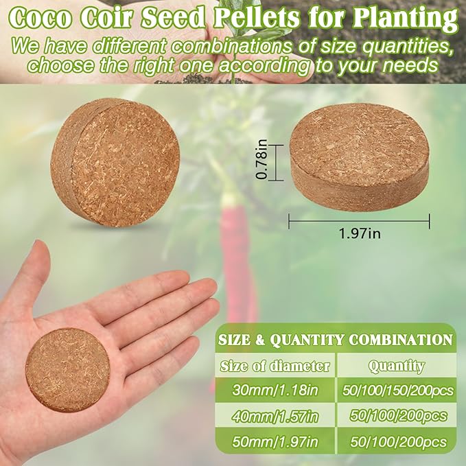 ZeeDix 100pcs 50mm Coco Coir Pellets, Compressed Coconut Coir Seed Starter Pellets Potting Soil Indoor Plants Soil Discs for Planting Flowers Bonsai Herbs Plants and Vegetables