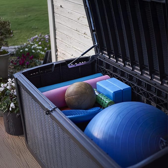 Keter Outdoor Storage Deck Box for Patio, Backyard & Garden, Borneo, 110 Gal, Grey - Lockable, Organizing, and Waterproof Plastic Container Bench