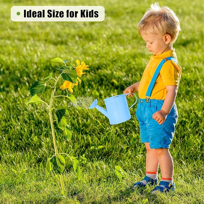 Metal Watering Can (1 Gallon) for Outdoor&Indoor Plants with Free Small Watering can for Kids, Plant Watering Can with Removable spout, Perfect for Garden Flower, Houseplants, (Light Blue)