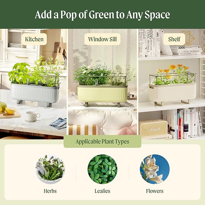 Vego garden Herb Indoor Plant Box, Self Watering Planters Pots for Indoor Plants with Trellis for Kitchen Window Sill or Countertop Plants Cage - Sage Green