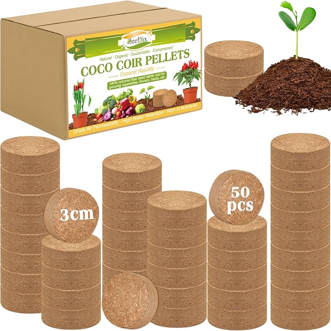 ZeeDix Organic Coco Coir Pellets Potting Soil, 50pcs 30mm Compressed Coconut Coir Seed Starter Soil Pellets, Coco Peat Soil Discs for Indoor Outdoor Plants, Herbs, Houseplants, Flowers and Vegetables