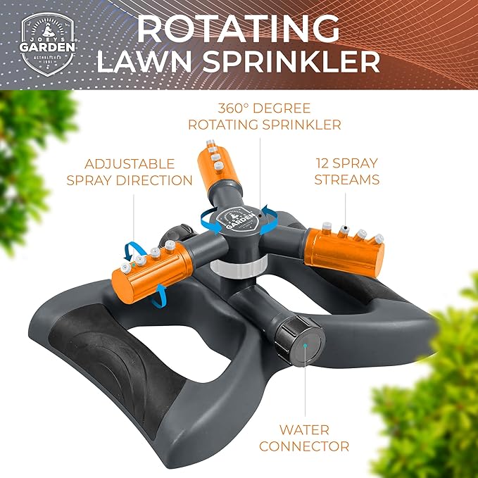 Joeys Sprinkler for Yard, Rotating Garden Sprinkler for Large Area Coverage, Lawn and Yard Sprinklers (Orange)