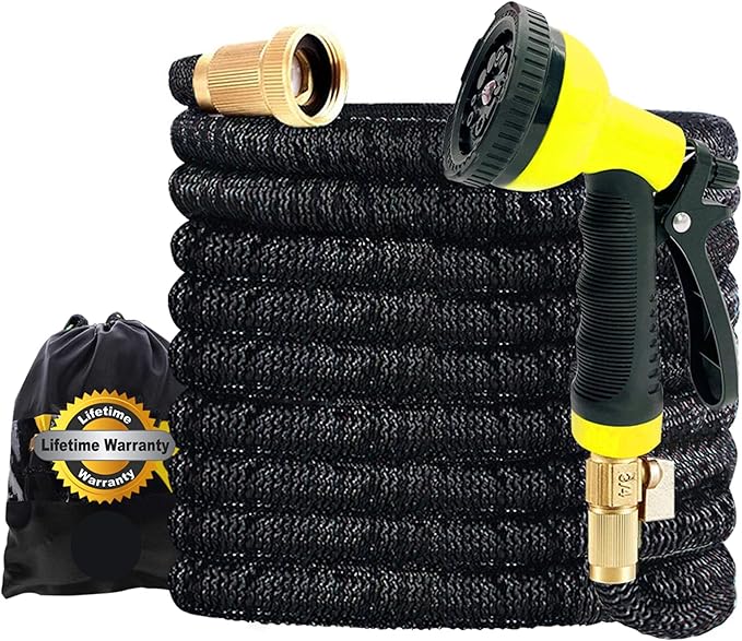 J&B XpandaHose 50ft Expandable Garden Hose with Holder - Heavy Duty Superior Strength 3750D - 4 -Layer Latex Core - Extra Strong Brass Connectors and 10 Spray Nozzle w/Storage Bag (Black 50)