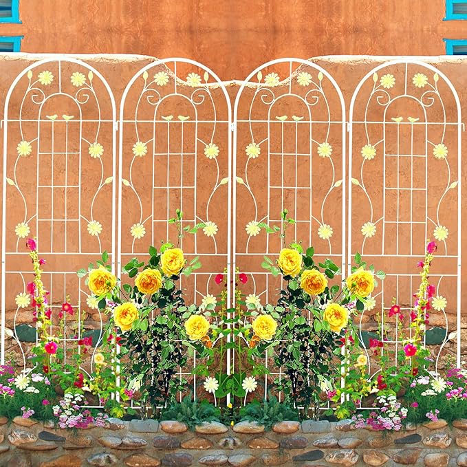 4 Pack Metal Garden Trellis 71" H Cream White Garden Fence Rustproof Trellis for Climbing Plants Support Roses Flower Outdoor Lawn, White 6FT