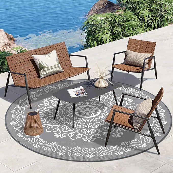 Pauwer Waterproof Outdoor Rug 8ft, Reversible Plastic Straw Patio Camping Rug, Indoor Outdoor RV Mat Carpet for Deck, Camper, Porch, Balcony, Backyard, Picnic, Floral Grey