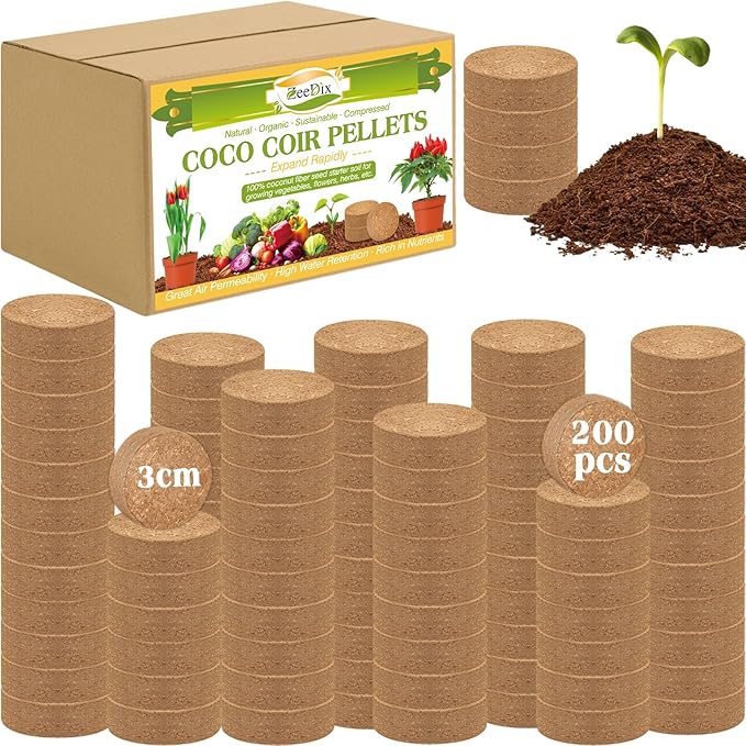 ZeeDix Organic Coco Coir Pellets Potting Soil, 200pcs 30mm Compressed Coconut Fiber Seed Starter Soil Pellets, Coco Peat Soil Discs for Indoor Outdoor Plants, Herbs, Houseplants, Flowers, Vegetables