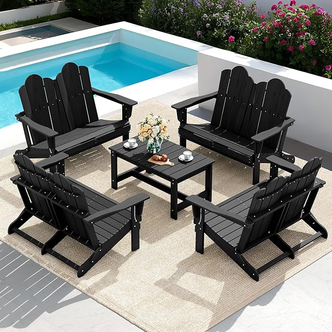 SERWALL 2 Person Adirondack Loveseat, HDPE All-Weather Folding Adirondack Bench Chair, Outdoor Adirondack Chair Set of 4, Black