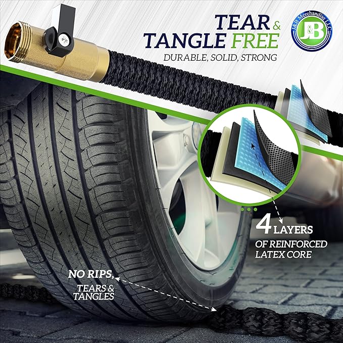 J&B XpandaHose 50ft Expandable Garden Hose with Holder - Heavy Duty Superior Strength 3750D - 4 -Layer Latex Core - Extra Strong Brass Connectors and 10 Spray Nozzle w/Storage Bag (Black 50)