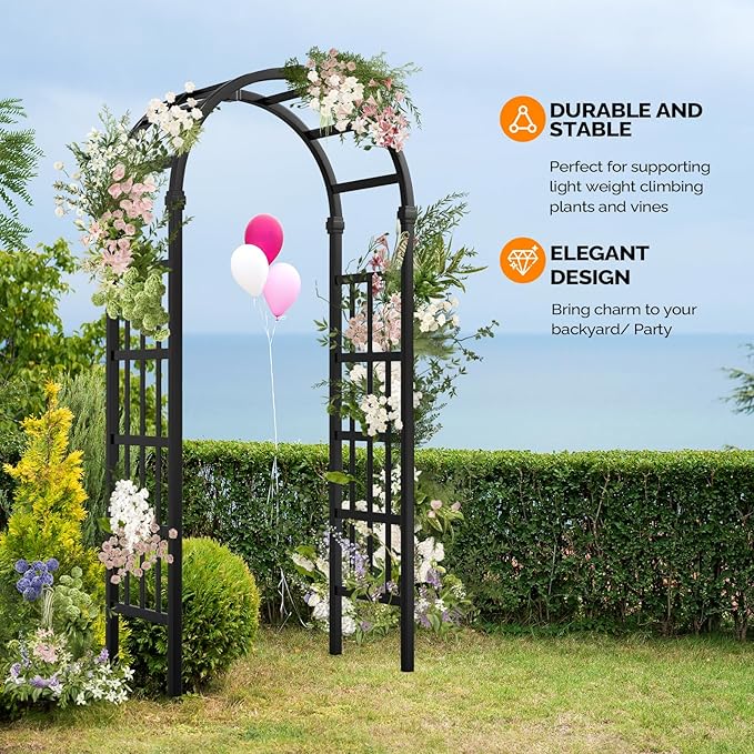 VINGLI Vinyl Garden Arbor, PVC Wedding Arch for Ceremony Party, Garden Trellis for Climbing Plants Outdoor, Arch Backdrop Stand for Garden, Backyard, Lawn (Black)