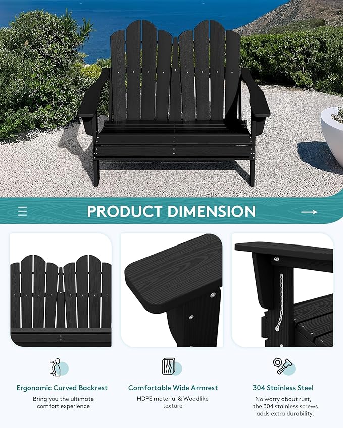 SERWALL 2 Person Adirondack Loveseat, HDPE All-Weather Folding Adirondack Bench Chair, Outdoor Adirondack Chair Set of 4, Black
