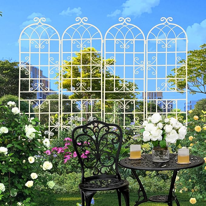 4 Pack Metal Garden Trellis for Climbing Plants Outdoor 86.7" H Cream White Garden Fence Rustproof Trellis Support Roses Flower Lawn, Off White